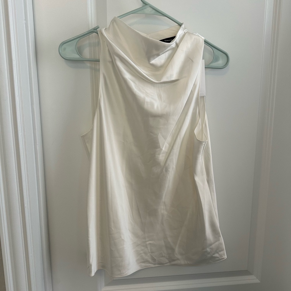 Theory Satin Ivory High Neck Cowl Top
